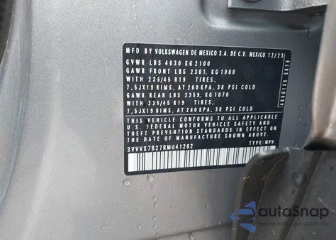 2024 Volkswagen Taos 1.5T Se z USA, uszkodzony, nr VIN 3VVVX7B27RM041262